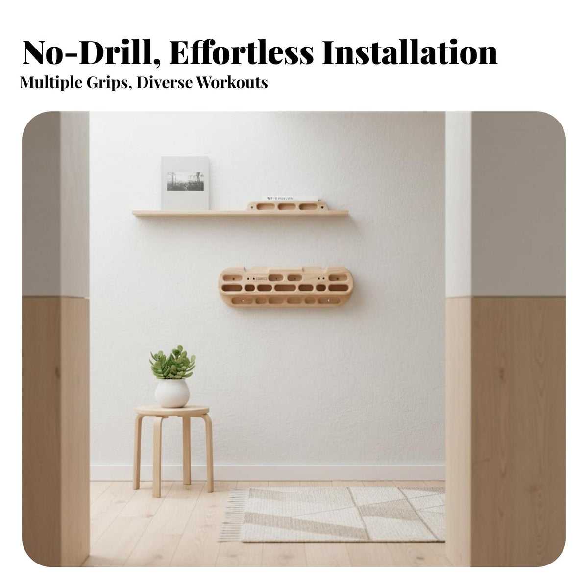 Drill-Drillless Installation Wooden Hangboard Solid Wood Construction Climbing Fingerboard Polished Edges Rock Climbing Training Board Ergonomic Design for Climbers, Beginners, Advanced Users, Indoor, Home Gym, Travel, Wall Mounted