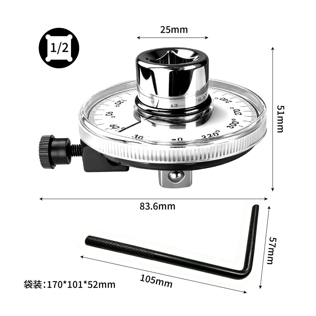 1/2 Inch Drive Rotational Force Angle Meter Glossy Silver Rotational Force Angle Gauge Metal Degree Gauge