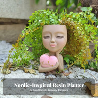 Resin Girl Holding Heart Vase Indoor Outdoor Use Girl Head Planter Creative Design Resin Head Planter for Gardeners, Women, Balcony, Desktop, Tabletop
