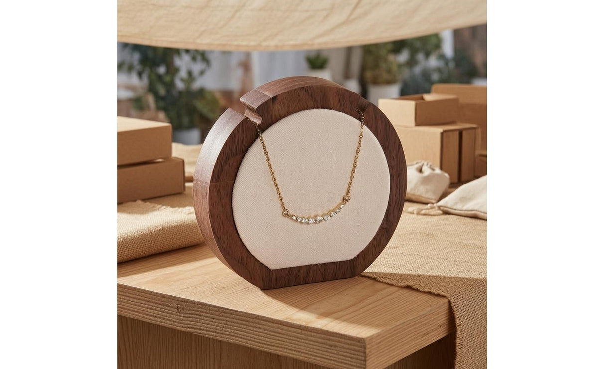 Beige Fabric Walnut Necklace Display Stand Compact Tabletop Necklace Display Stand Open Notch Framed