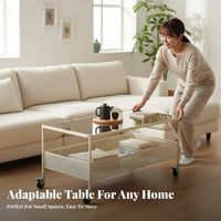 With casters 2-Tier Glass Top Tea Table Easy to Move Living Room Furniture Space-Saving Mobile Storage Multi-Functional for Homeowners, Renters, Home Office, Bedroom, Reception Area