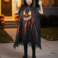Scary Pumpkin Specter Costume Digital Print Hooded Pumpkin Lantern Cape Tattered Hem Halloween Outfit for Trick-or-Treating