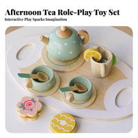 15 Pieces Early Education Wooden Afternoon Tea Set Educational Wooden Tea Set Paint Toy Teapot and Cups Realistic Design for Toddlers, Preschoolers, Playroom