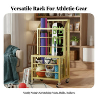 Multi-Tier Design Fitness Mat and Ball Holder Heavy Duty Fitness Mat Holder Rack Large Capacity Sports Equipment Storage Rack Easy to Clean for Living Room, Playroom