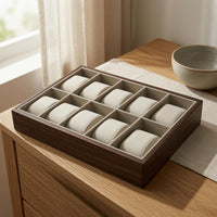 Walnut-Grain Watch Display Tray Padded Wooden Watch Tray Rectangular Accessory Storage Compartmented