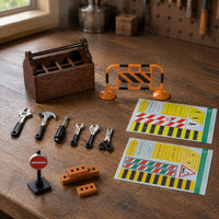 39 Pieces Display Accessories 1/12 Scale Dollhouse Tool Set Printed Signs Miniature Roadwork Set Realistic Design 1/12 Scale Toolbox for Model Displays