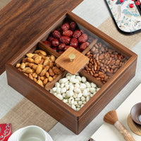 Wooden Dry Fruit Box with Compartments 4-Compartment Divided Serving Tray with Lid Multi-Purpose Snack Organizer with Clear Lid Space-Saving for Hosts, Holiday Gatherings, Tabletop, Countertop, Tea Table