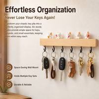 Black Wood Key Holder, 6 Hook Key Hanger Wall Mount, Adhesive Hook for Keys Wallets, 20-30 kg Capacity, Metal