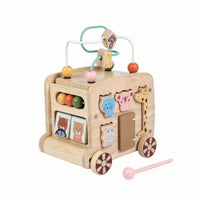 Wooden Activity Bus Multifunctional Activity Cube with Bead Maze Developmental Shape Sorter with Beads for Infants, Preschoolers