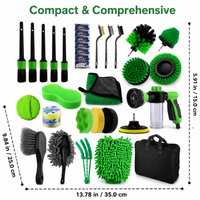 Green Car Cleaning Kit Drill Brush Wheel Detailing Wash Mitt Extension Rod Towel
