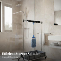 Easy Mobility Freestanding Mop Holder on Wheels Water Collection Basin Mobile Mop and Broom Rack Sturdy Construction Rolling Cleaning Cart with Water Collection Tray Space-Saving Design for Commercial Cleaners, Janitors, Balcony, Laundry Room, Garage