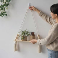 Natural Wood Macrame Wall Hanging Shelf Bohemian Tapestry Shelf Home Storage for Bedroom