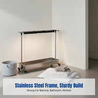 Stainless Steel Mop Holder, Movable Floor Storage Rack, Cleaning Tool Organizer with Draining Tray for Balcony
