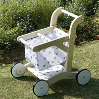 Toy Pram with Textile Basket Pretend Play Doll Stroller Wooden Toy Cart Sturdy Kids Shopping Cart Roomy for Toddlers, Playroom