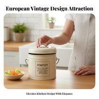Vintage Metal Compost Bin Odor Filtering Kitchen Food Waste Pail Kitchen Compost Pail Vented Lid Countertop Food Waste Container