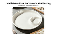 White Dumpling Plate with Sauce Dish Glossy Plate with Dipping Bowl Raised Rim 3 Compartment Snack Dish Integrated Piece