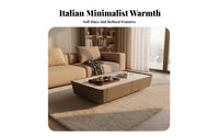 Italian Minimalist Design Square Stone-Top Coffee Table with Drawers Saddle Leather Wrapped Living Room Furniture scuff Resistant Multi-Functional for Homeowners, Interior Designers, Renters, Lounge Area, Home Office