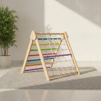 Wooden Climbing Frame with Cord Climbing Net Freestanding Wooden Climbing Arch Play Structure Wood Indoor Climbing Gym for Young Children, Kids