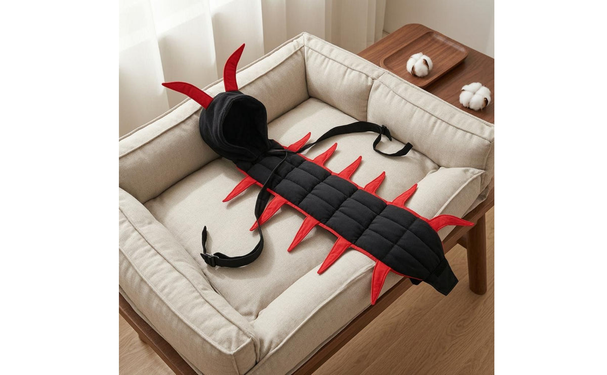 Polyester Centipede Cat Costume Red Trim Padded Cat Costume Quilted Devil Cape Cloak Black for Outdoor Dressing Up
