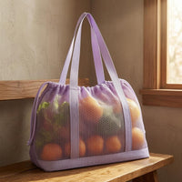 Double Shoulder Handles Mesh Drawstring Tote Bag Lightweight Drawstring Mesh Tote Reinforced Base Portable Carrier Large Capacity