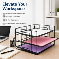 Black Metal Desktop Organiser, Foldable Desktop Organiser for Documents, 45x32x32cm Desk File Rack, Multi-Tier Office Document Holder