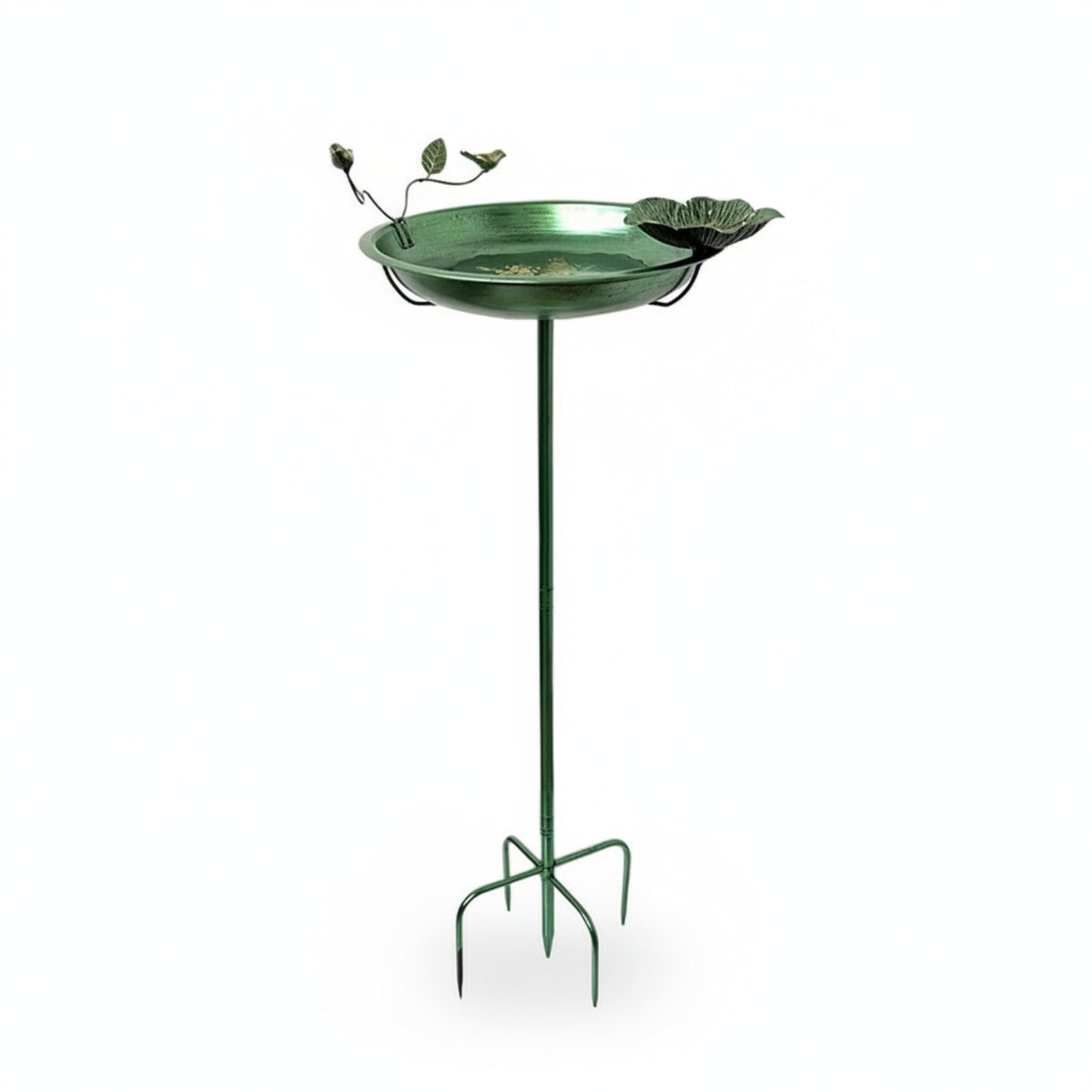Vintage Green Copper Bird Bath Feeder Flower-Shaped Metal Bird Bath Shallow Basin Garden Decor Ground Stake for Park, Scenic Area, Balcony
