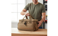 Water-Resistant Material Heavy Duty Tool Bag Waterproof Bottom Multi-Pocket Tool Tote Large Opening Padded Handle for Electricians, Carpenters, Mechanics, Home Improvement, Jobsite, Outdoor Maintenance