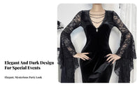 Vintage Inspired Black Lace Witch Dress Romantic Gothic Velvet Mermaid Gown Black Velvet Lace Dress for Halloween Partygoers, Goth Enthusiasts, Unconventional Fashion Fans, Cosplay Events, Costume Parties, Evening Wear, Photoshoots