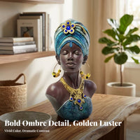 Blue Patterned African Woman Bust Sculpture Dark Brown Resin Decorative Bust Textured African Female Sculpture Gold-Tone