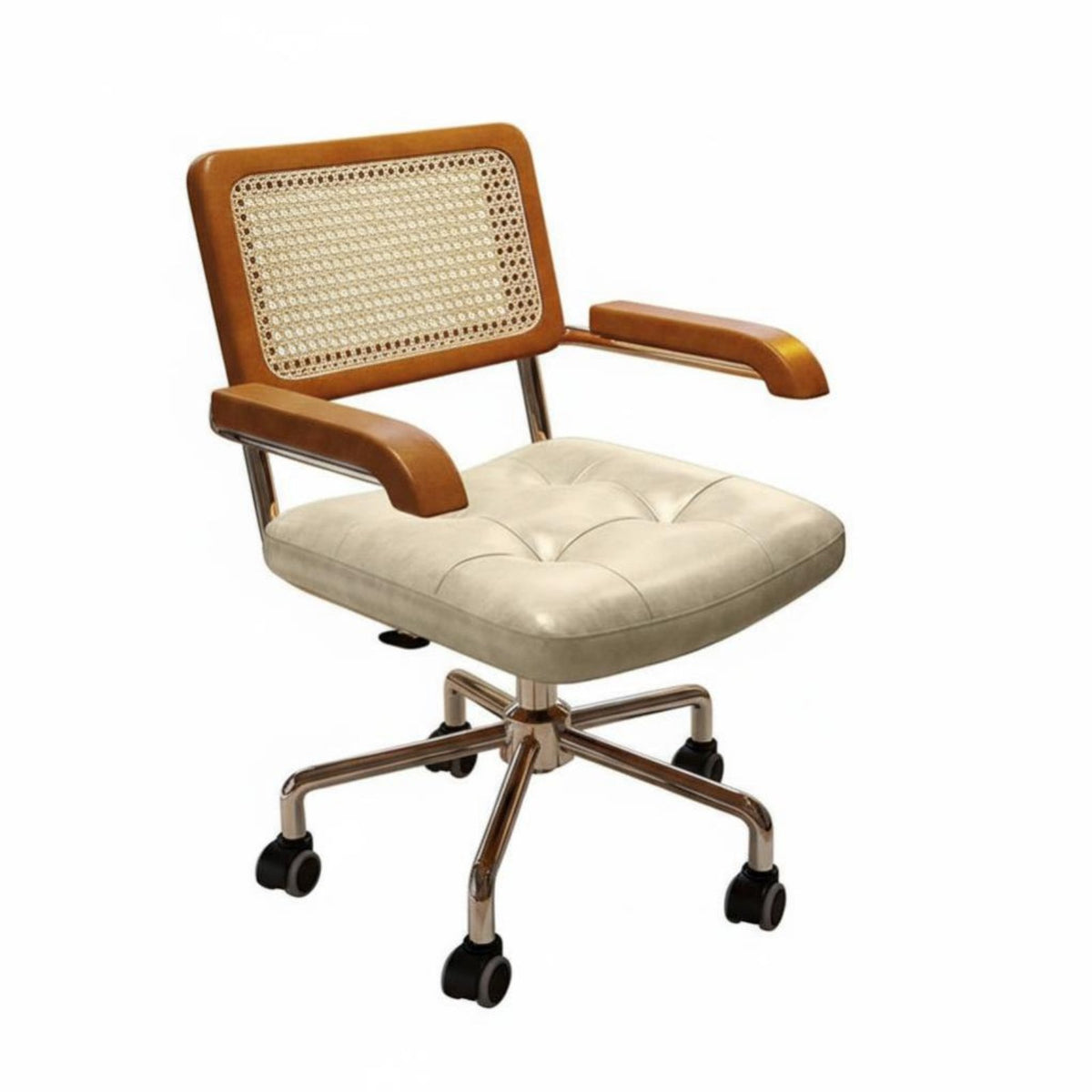 Vintage Design Cane-Back Whiteice Armchair Adjustable Height Swivel Seat Effortless Rolling Casters Desk Seating Tufted Cushion for Students, Professionals, Study Room, Workspace, Bedroom