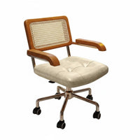 Vintage Design Cane-Back Whiteice Armchair Adjustable Height Swivel Seat Effortless Rolling Casters Desk Seating Tufted Cushion for Students, Professionals, Study Room, Workspace, Bedroom