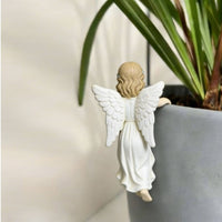 Resin Angel Flower Pot Figurine Feathered Wings Rim Perch Figurine Long Wavy Hair Flower Pot Hanger Draped Dress for Patio, Balcony