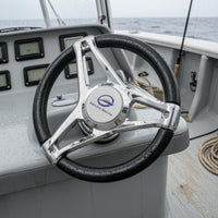 Marine Steering Wheel Black rims 3 Spoke Boat Steering Wheel Polished Metal for Boats, Yachts