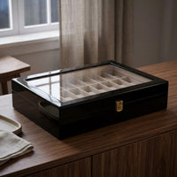 Velvet-Lined 24-Slot Watch Display Box Lacquered 24-Slot Watch Box Hinged Lid Metal Hardware
