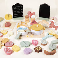 45 Pieces Wooden Cutting Food Toy Child-Centered Based Wooden Culinary Pretend Pieces Set Muted Tones Colors for Young Children