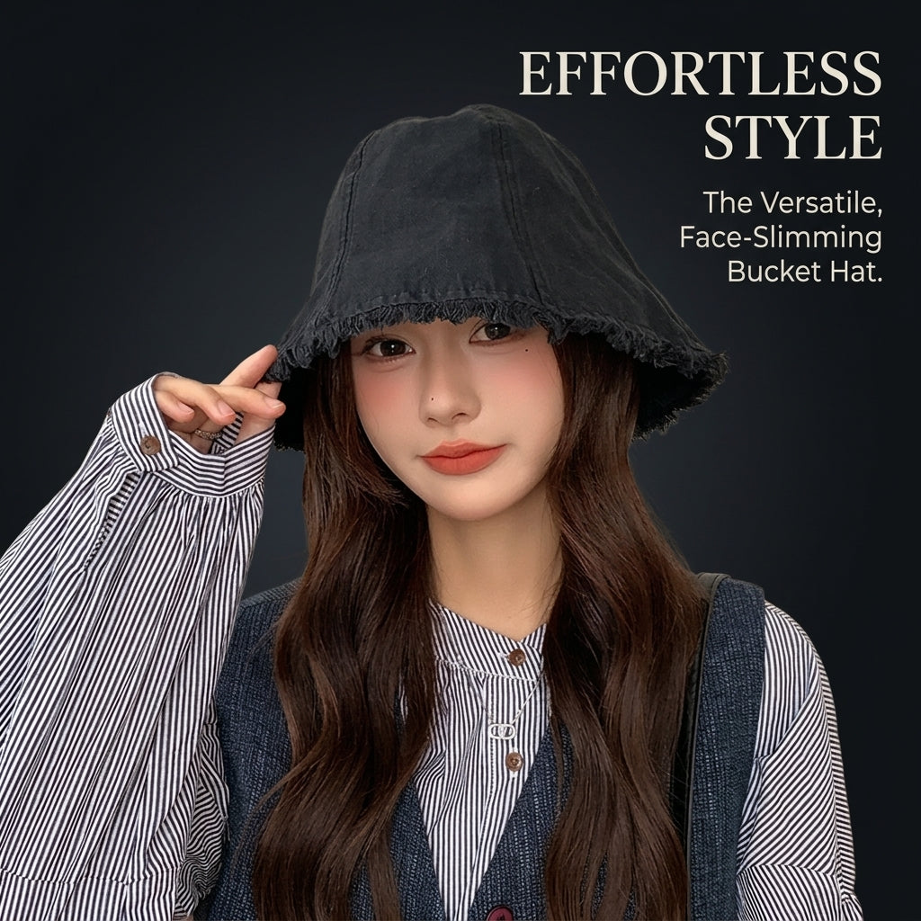 Sun Hats for Women Frayed Edge Bucket Polyester Outdoor Activities Casual Wear, Short Brim Flat Top Basin for Autumn