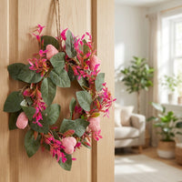 Eucalyptus Spring Door Wreath, 25cm Rattan Front Door Wreath, Artificial Faux Floral for Home Exterior, Pale Red Mixed Berries
