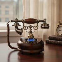Vintage Corded Desk Phone Wood-Grain Classic Corded Desk Telephone Compact Retro for Office