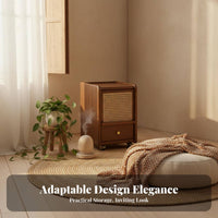 Mobile with Wheels Rattan Nightstand Narrow Design Rolling Rattan-Front Cabinet Small Footprint Bedroom Furniture Solid Wood Legs for Apartment Dwellers, Homeowners, Students, Dorm Room, Hallway, Away Ice
