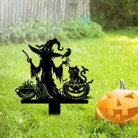 Halloween Witch Cat Iron Garden Stake Decoration Set