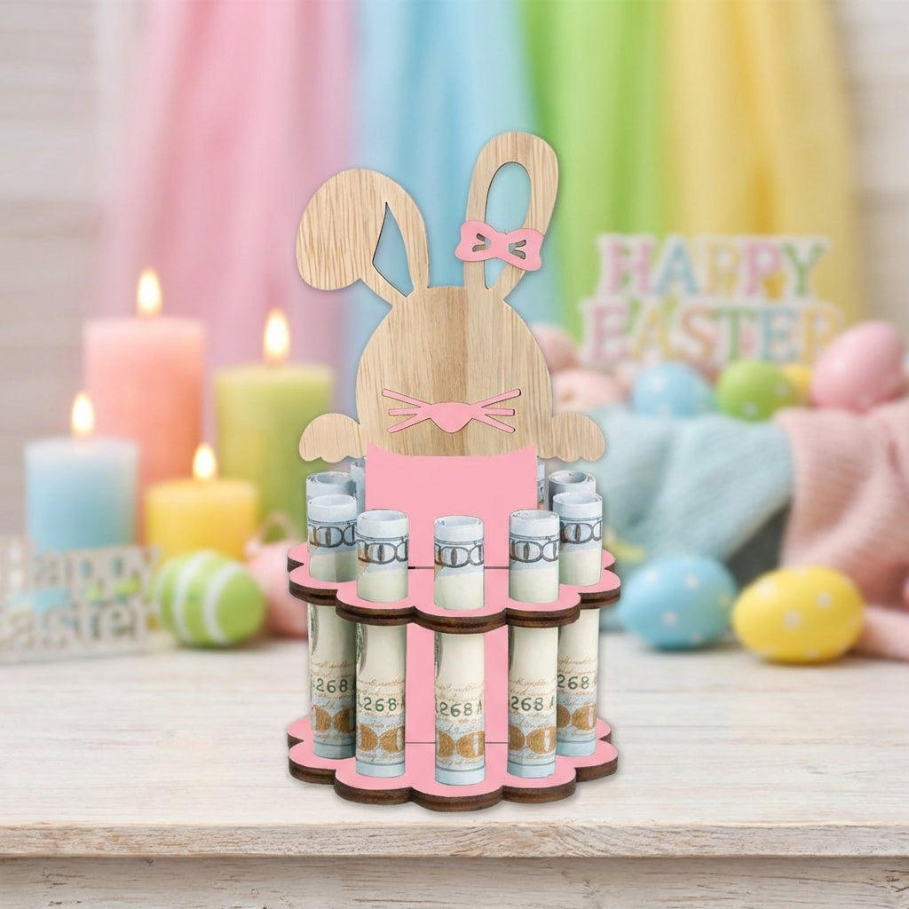 Easter Bunny Money Gift Holder Wooden Hare Holder Bunny Shaped Money Stand for Kids, Friends, Tabletop Display