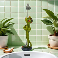 Showering Frog Statue Creative Design Bathing Frog Sculpture House Decoration Handmade Craft for Desktop, Garden