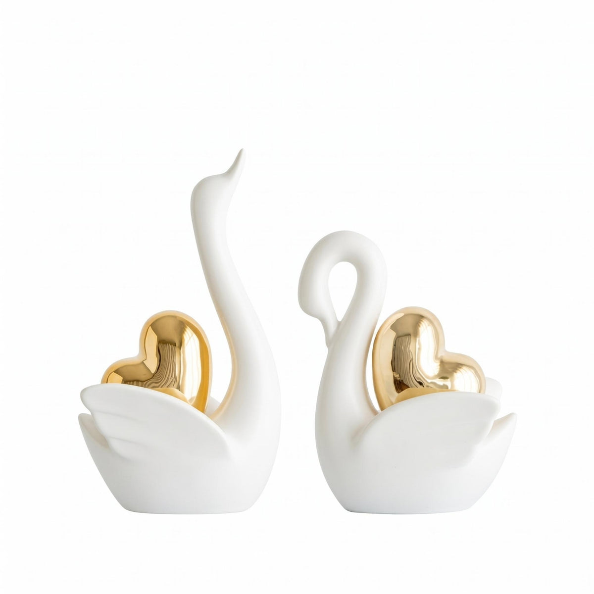 Tall and Short Set Ceramic Swan Figurine Gold Accent Ceramic Swan Decor Matte Decorative Ornament Pair for Living Room, Entryway, Wine Cabinet