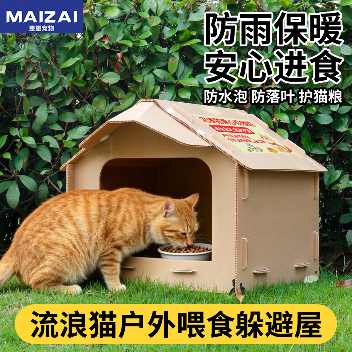 Outdoor Cat Feeding House with Rain Shelter, PP Plastic, Waterproof