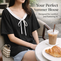 Lace Trim Shirt Womens Plus Size Tops with V-Neck for Summer, Breathable Lyocell Material Party for Casual Wear, Sizes Up to 6XL