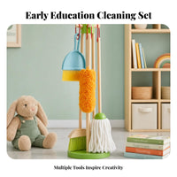 Role-Play Wooden Cleaning Toy Set Early Learning Kids Cleaning Playset Storage Stand Toy Mop and Broom Set Bright Colors for Children