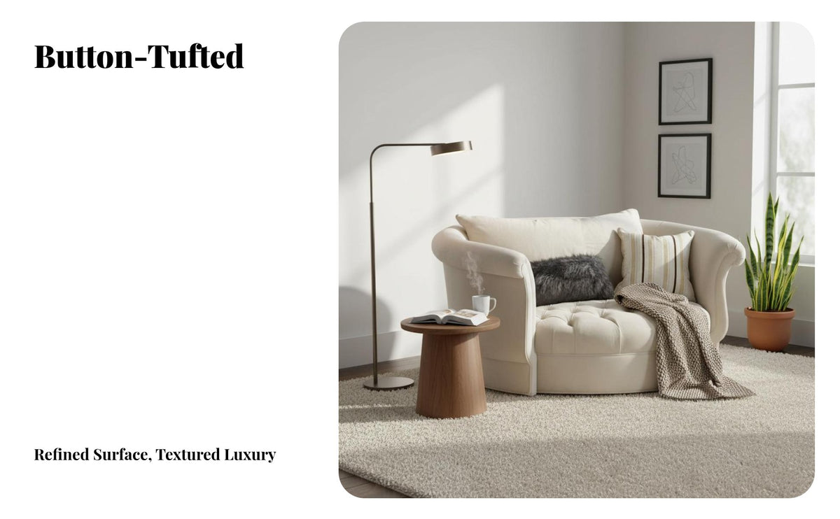navy Tufted Barrel Chair Neotraditionalal design Single Sofa Curved rear Design Armchair for Interior Designers, Cafe Owners, Bedroom, Lounge, study corner