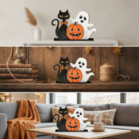 Freestanding Pumpkin Ghost Cat Sign Indoor Halloween Tabletop Decoration Holiday Wooden Halloween Centerpiece Autumn for Mantel