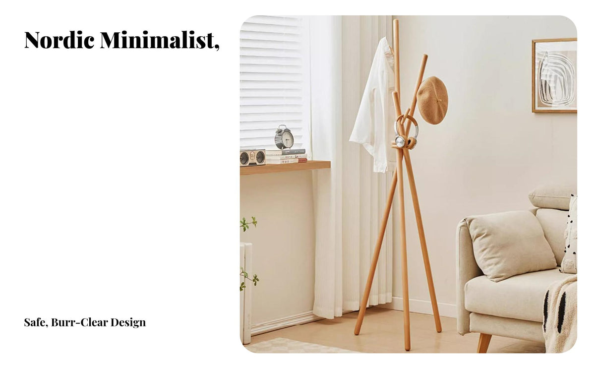 Solid Wood Wooden Coat Rack Nordic Design Freestanding Coat Rack Minimalist Design Standing Clothes Hanger Multiple Hooks for Families, Homeowners, Renters, Bedroom, Living Room, Hallway, Apartment