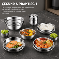 Stainless Steel Camping Dinnerware Set, Matte Silver, 11.4cm Salad Bowl, Reusable Picnic Dinnerware for 6 People